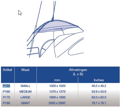 Blue Performance Sunshade Free Hanging maattabel